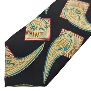 Vintage Jos A Bank‎ Mens Tie Geometric Paisley Black Teal Red Cream Silk Necktie